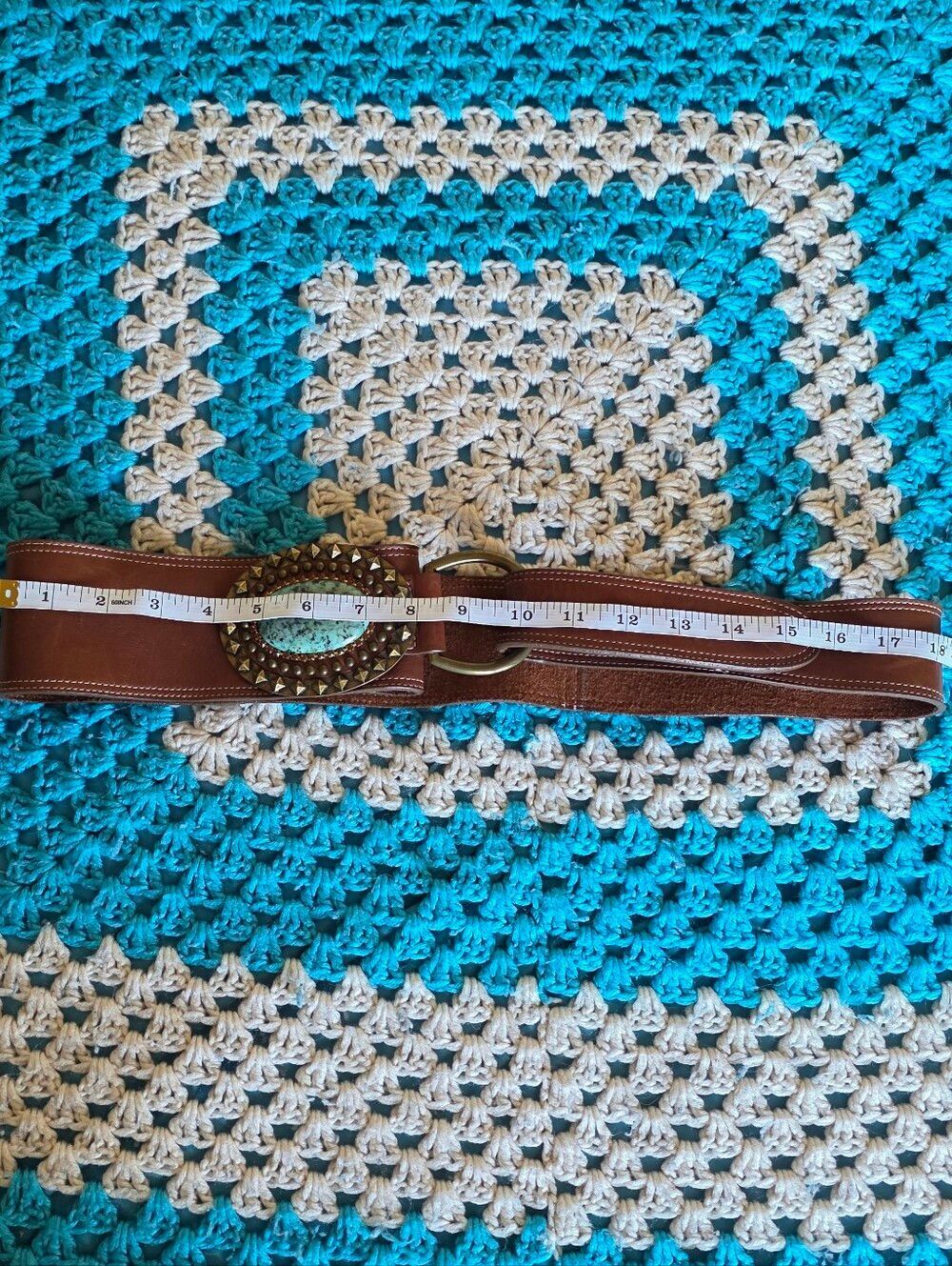 Leather Rock Leather Belt With Turquoise Buckle With Gild Studs - Picture 7 of 7